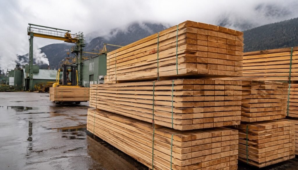 Stacked lumber at BC mill showing forestry export challenges