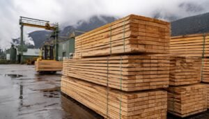 Stacked lumber at BC mill showing forestry export challenges